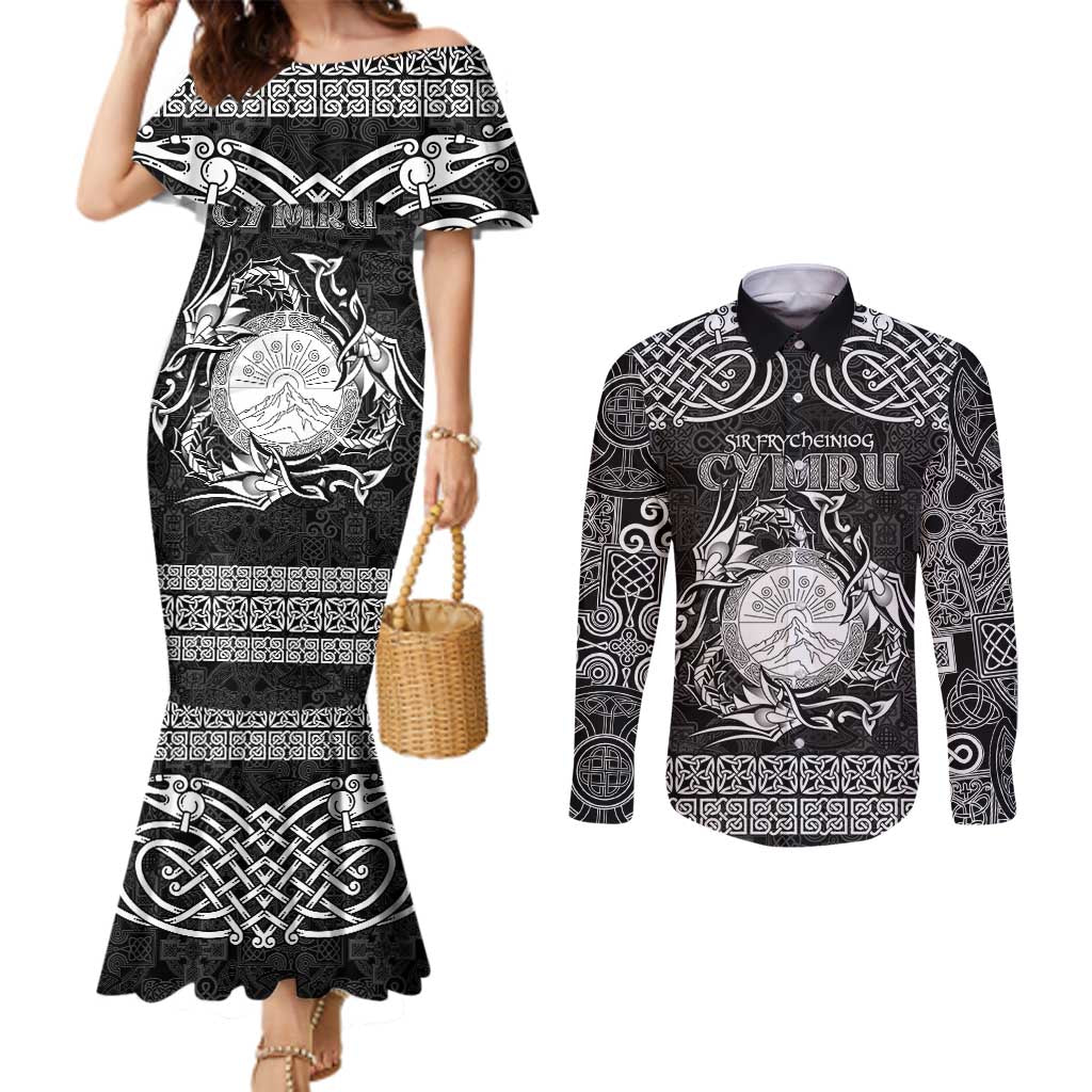 Personalized Brecknockshire Sir Frycheiniog Couples Matching Mermaid Dress and Long Sleeve Button Shirt Black Brecon Beacons Mountain Celtic-inspired - Wonder Print Shop
