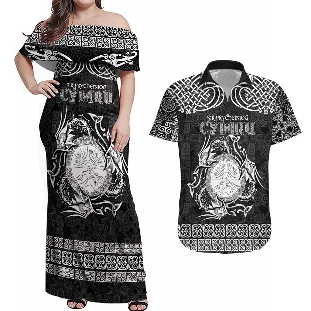 Personalized Brecknockshire Sir Frycheiniog Couples Matching Off Shoulder Maxi Dress and Hawaiian Shirt Black Brecon Beacons Mountain Celtic-inspired - Wonder Print Shop