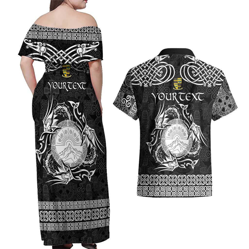 Personalized Brecknockshire Sir Frycheiniog Couples Matching Off Shoulder Maxi Dress and Hawaiian Shirt Black Brecon Beacons Mountain Celtic-inspired - Wonder Print Shop
