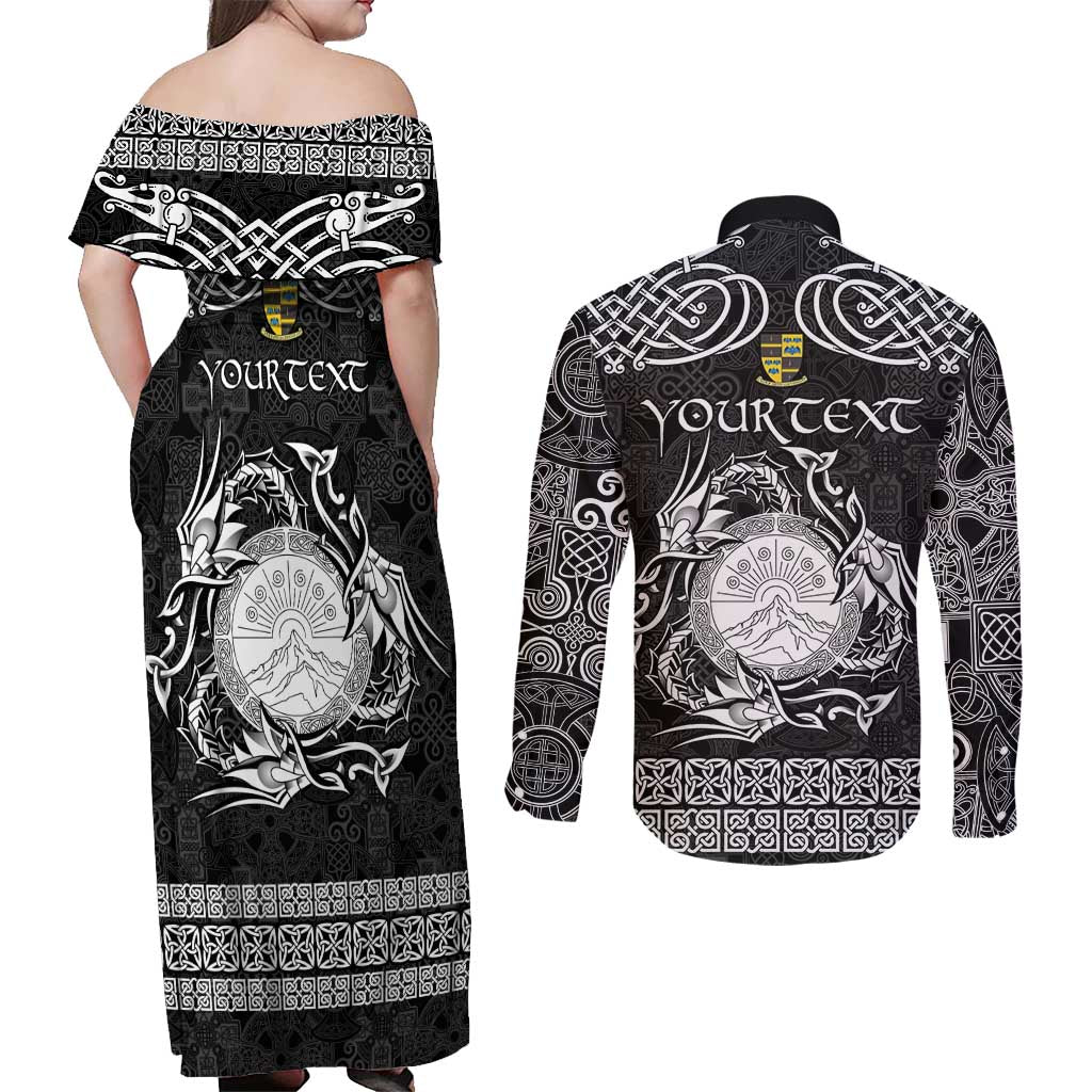 Personalized Brecknockshire Sir Frycheiniog Couples Matching Off Shoulder Maxi Dress and Long Sleeve Button Shirt Black Brecon Beacons Mountain Celtic-inspired - Wonder Print Shop