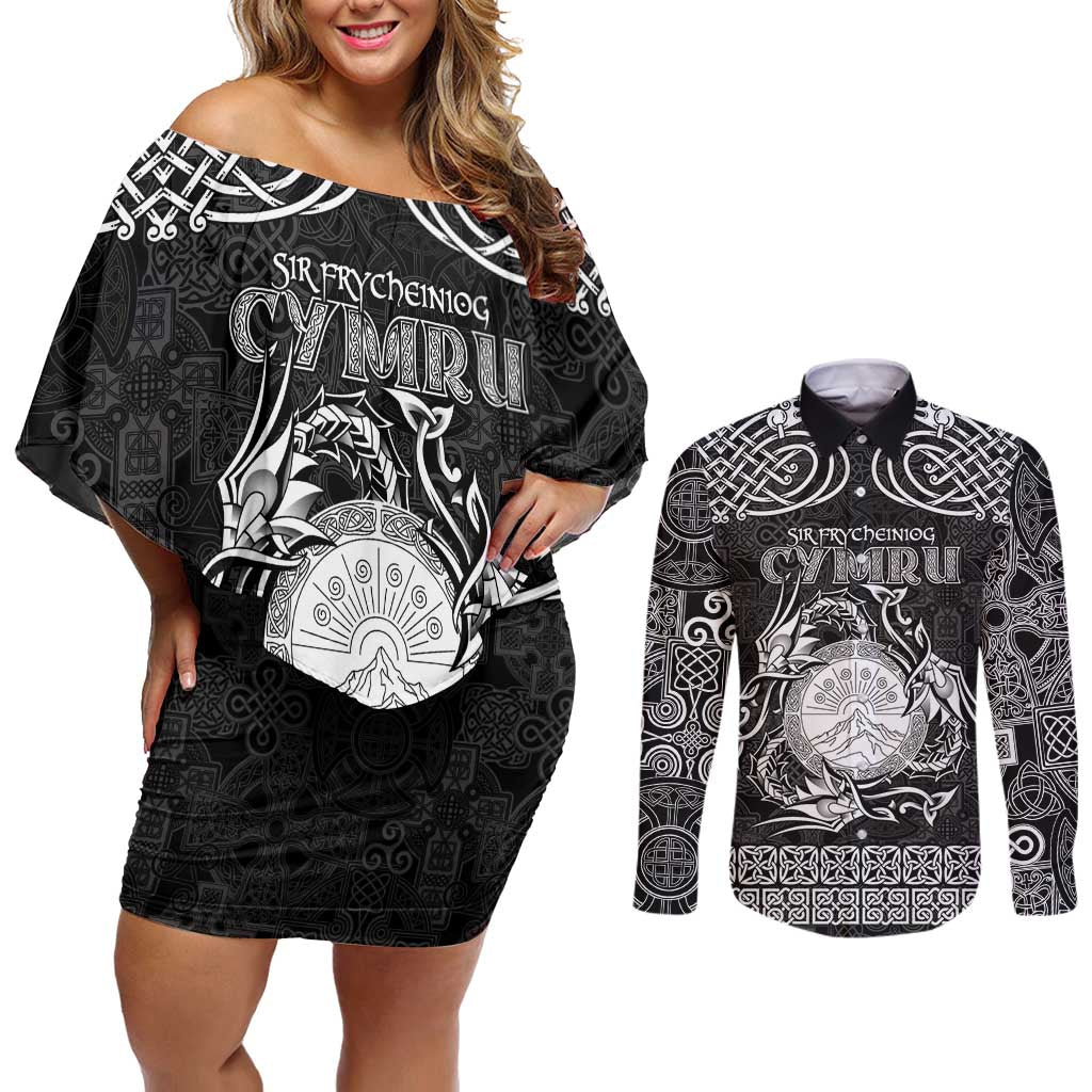 Personalized Brecknockshire Sir Frycheiniog Couples Matching Off Shoulder Short Dress and Long Sleeve Button Shirt Black Brecon Beacons Mountain Celtic-inspired - Wonder Print Shop