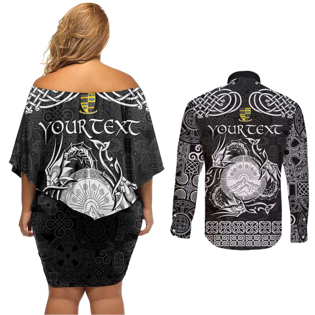 Personalized Brecknockshire Sir Frycheiniog Couples Matching Off Shoulder Short Dress and Long Sleeve Button Shirt Black Brecon Beacons Mountain Celtic-inspired - Wonder Print Shop
