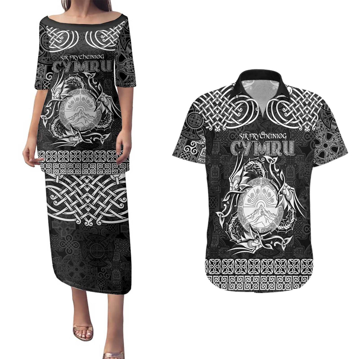 Personalized Brecknockshire Sir Frycheiniog Couples Matching Puletasi and Hawaiian Shirt Black Brecon Beacons Mountain Celtic-inspired - Wonder Print Shop