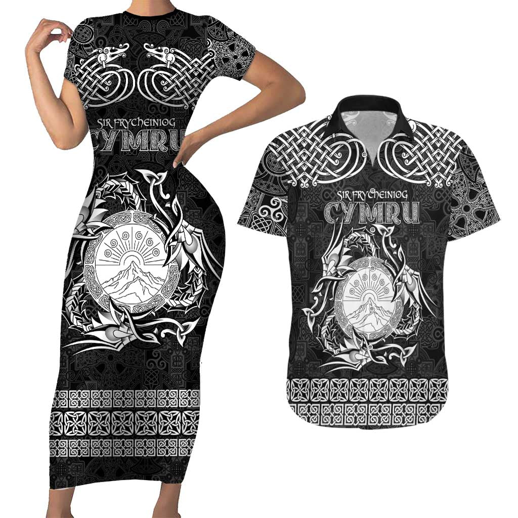 Personalized Brecknockshire Sir Frycheiniog Couples Matching Short Sleeve Bodycon Dress and Hawaiian Shirt Black Brecon Beacons Mountain Celtic-inspired - Wonder Print Shop