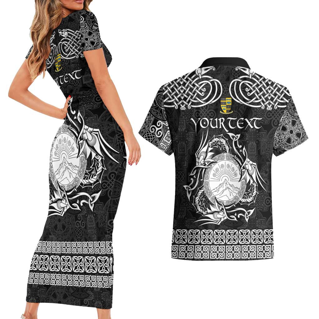 Personalized Brecknockshire Sir Frycheiniog Couples Matching Short Sleeve Bodycon Dress and Hawaiian Shirt Black Brecon Beacons Mountain Celtic-inspired - Wonder Print Shop