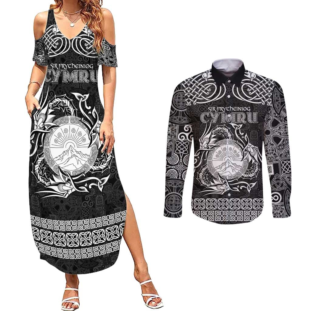 Personalized Brecknockshire Sir Frycheiniog Couples Matching Summer Maxi Dress and Long Sleeve Button Shirt Black Brecon Beacons Mountain Celtic-inspired - Wonder Print Shop