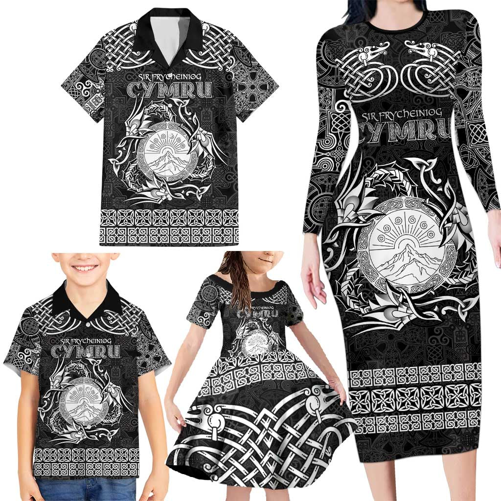 Personalized Brecknockshire Sir Frycheiniog Family Matching Long Sleeve Bodycon Dress and Hawaiian Shirt Black Brecon Beacons Mountain Celtic-inspired - Wonder Print Shop
