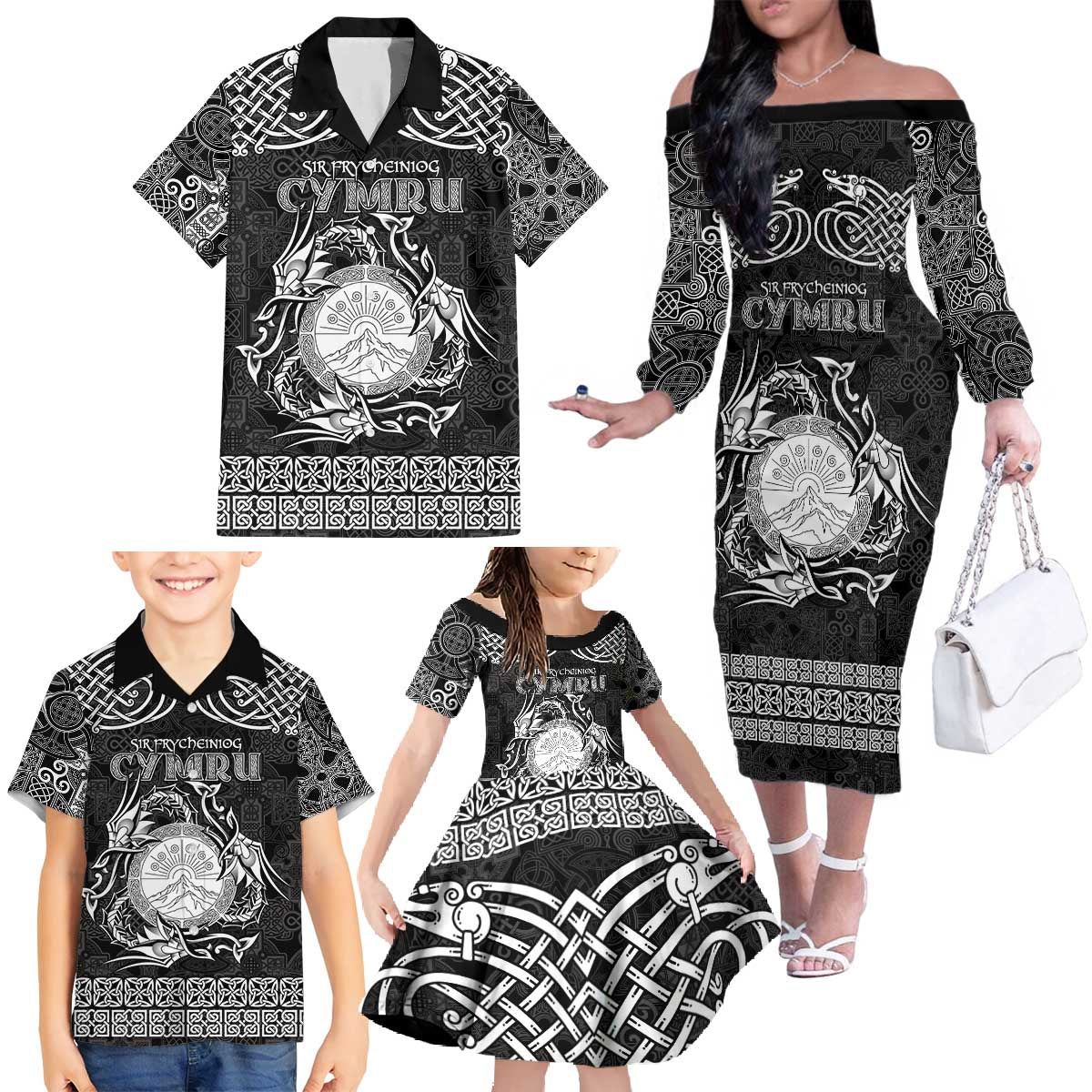 Personalized Brecknockshire Sir Frycheiniog Family Matching Off The Shoulder Long Sleeve Dress and Hawaiian Shirt Black Brecon Beacons Mountain Celtic-inspired - Wonder Print Shop