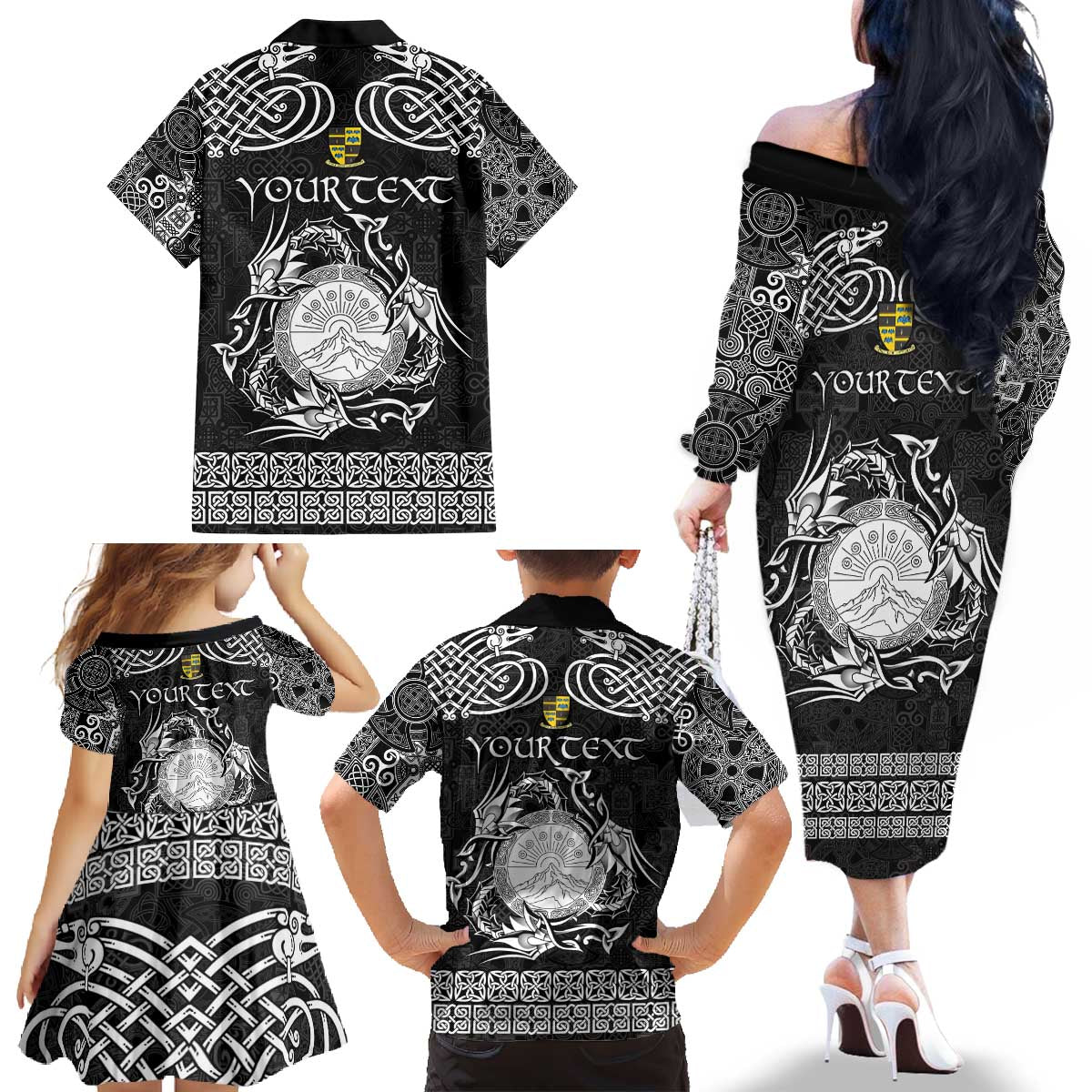 Personalized Brecknockshire Sir Frycheiniog Family Matching Off The Shoulder Long Sleeve Dress and Hawaiian Shirt Black Brecon Beacons Mountain Celtic-inspired - Wonder Print Shop