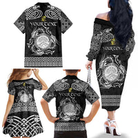 Personalized Brecknockshire Sir Frycheiniog Family Matching Off The Shoulder Long Sleeve Dress and Hawaiian Shirt Black Brecon Beacons Mountain Celtic-inspired - Wonder Print Shop