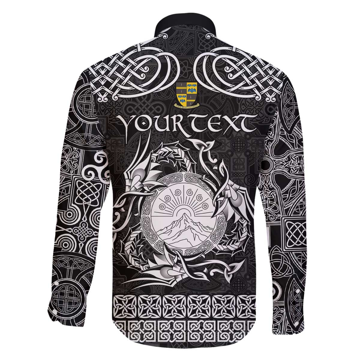 Personalized Brecknockshire Sir Frycheiniog Family Matching Off The Shoulder Long Sleeve Dress and Hawaiian Shirt Black Brecon Beacons Mountain Celtic-inspired - Wonder Print Shop