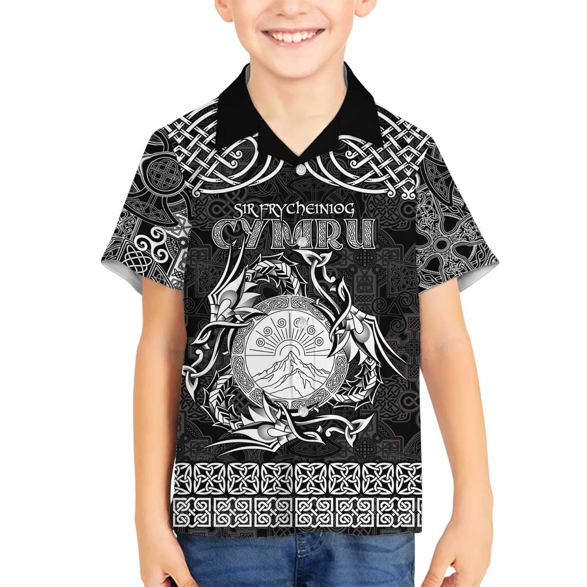 Personalized Brecknockshire Sir Frycheiniog Family Matching Off The Shoulder Long Sleeve Dress and Hawaiian Shirt Black Brecon Beacons Mountain Celtic-inspired - Wonder Print Shop