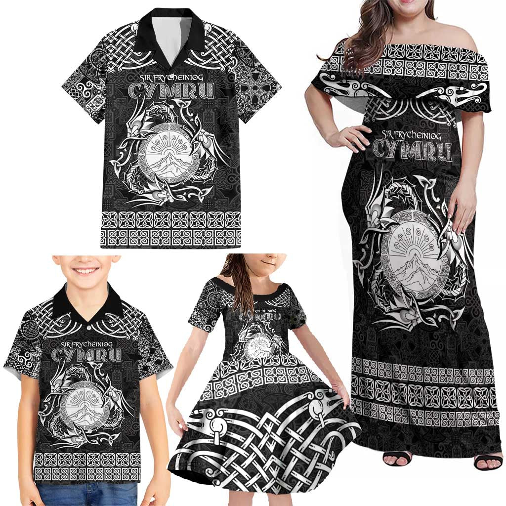 Personalized Brecknockshire Sir Frycheiniog Family Matching Off Shoulder Maxi Dress and Hawaiian Shirt Black Brecon Beacons Mountain Celtic-inspired - Wonder Print Shop