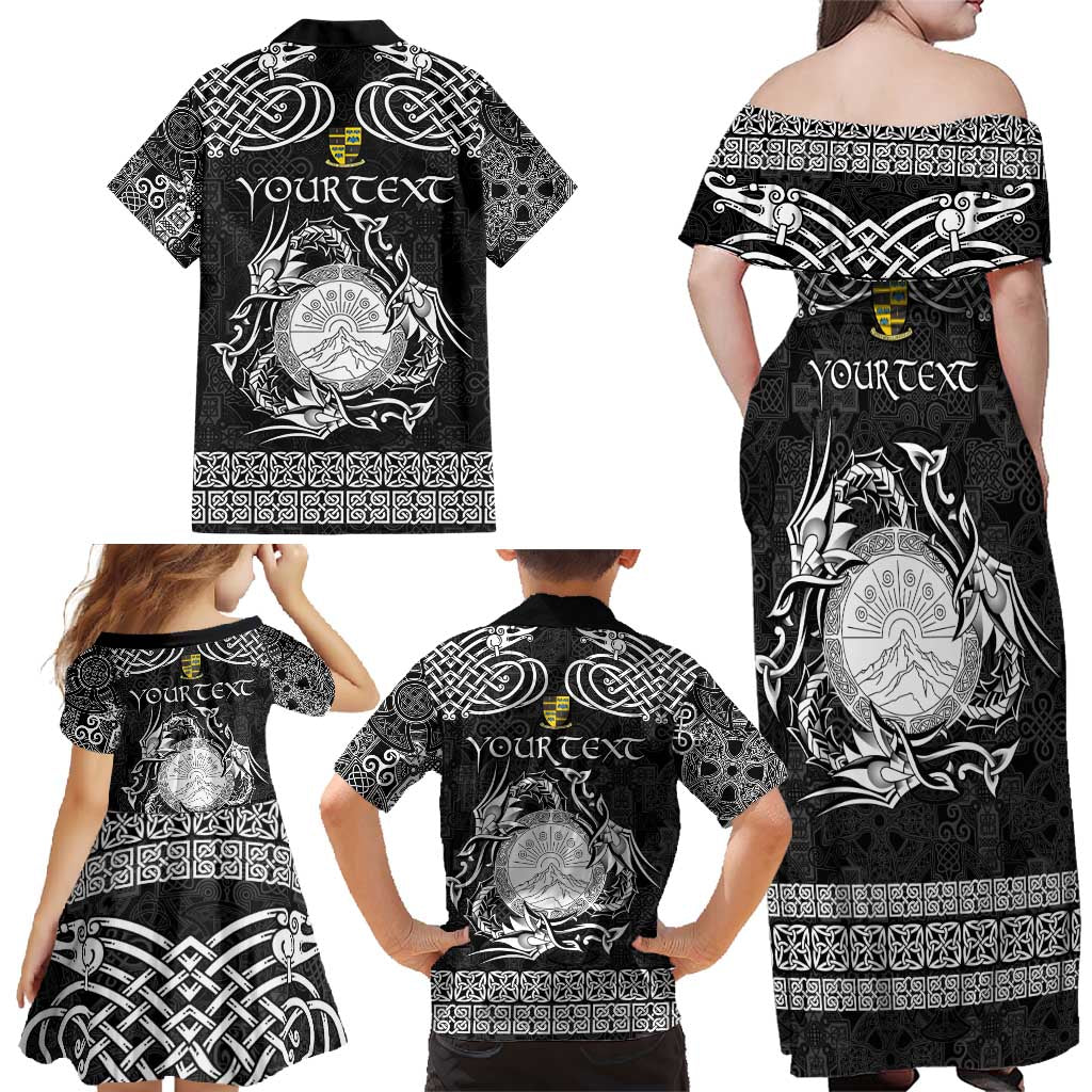 Personalized Brecknockshire Sir Frycheiniog Family Matching Off Shoulder Maxi Dress and Hawaiian Shirt Black Brecon Beacons Mountain Celtic-inspired - Wonder Print Shop