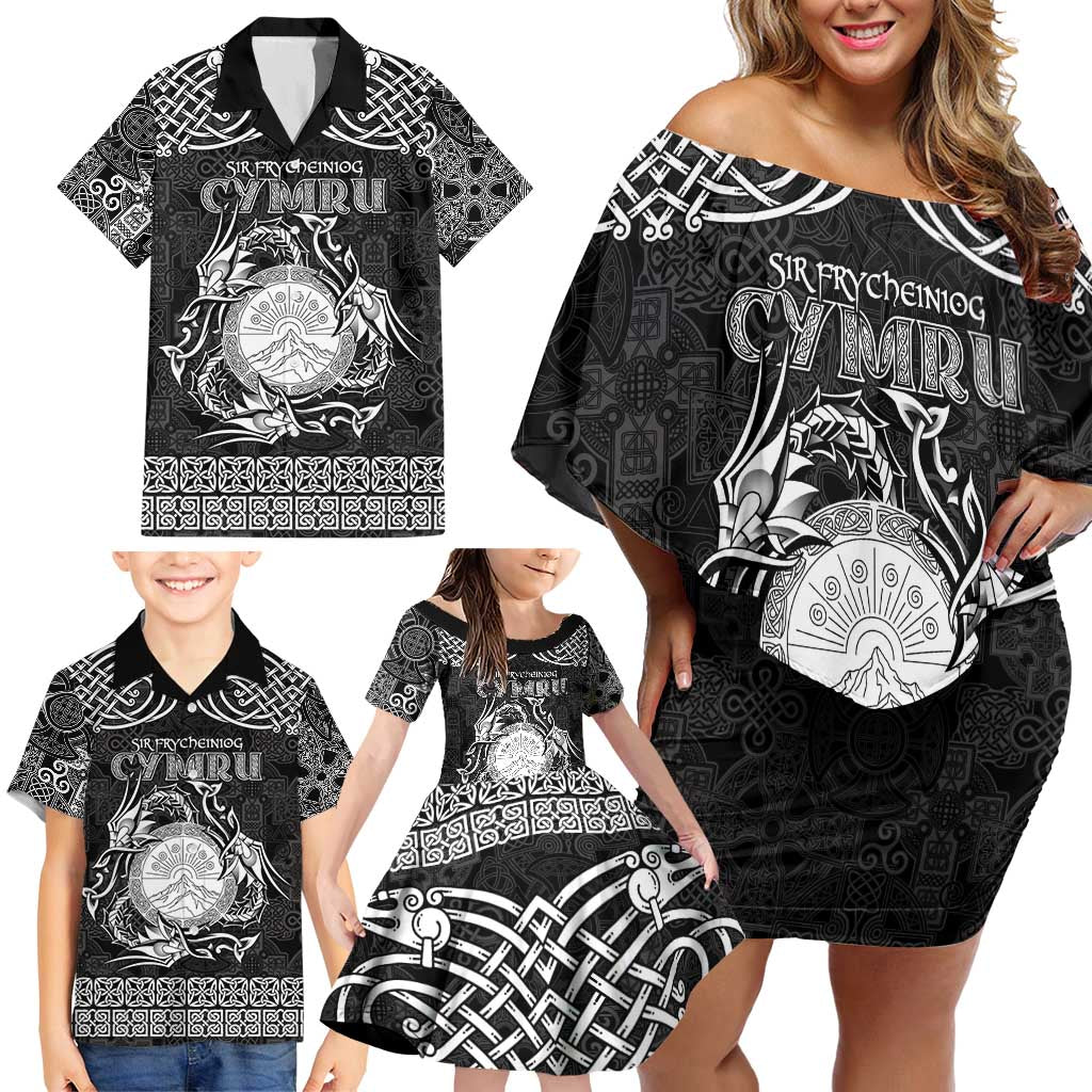 Personalized Brecknockshire Sir Frycheiniog Family Matching Off Shoulder Short Dress and Hawaiian Shirt Black Brecon Beacons Mountain Celtic-inspired - Wonder Print Shop