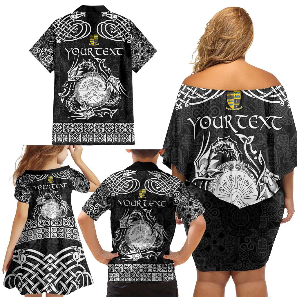 Personalized Brecknockshire Sir Frycheiniog Family Matching Off Shoulder Short Dress and Hawaiian Shirt Black Brecon Beacons Mountain Celtic-inspired - Wonder Print Shop