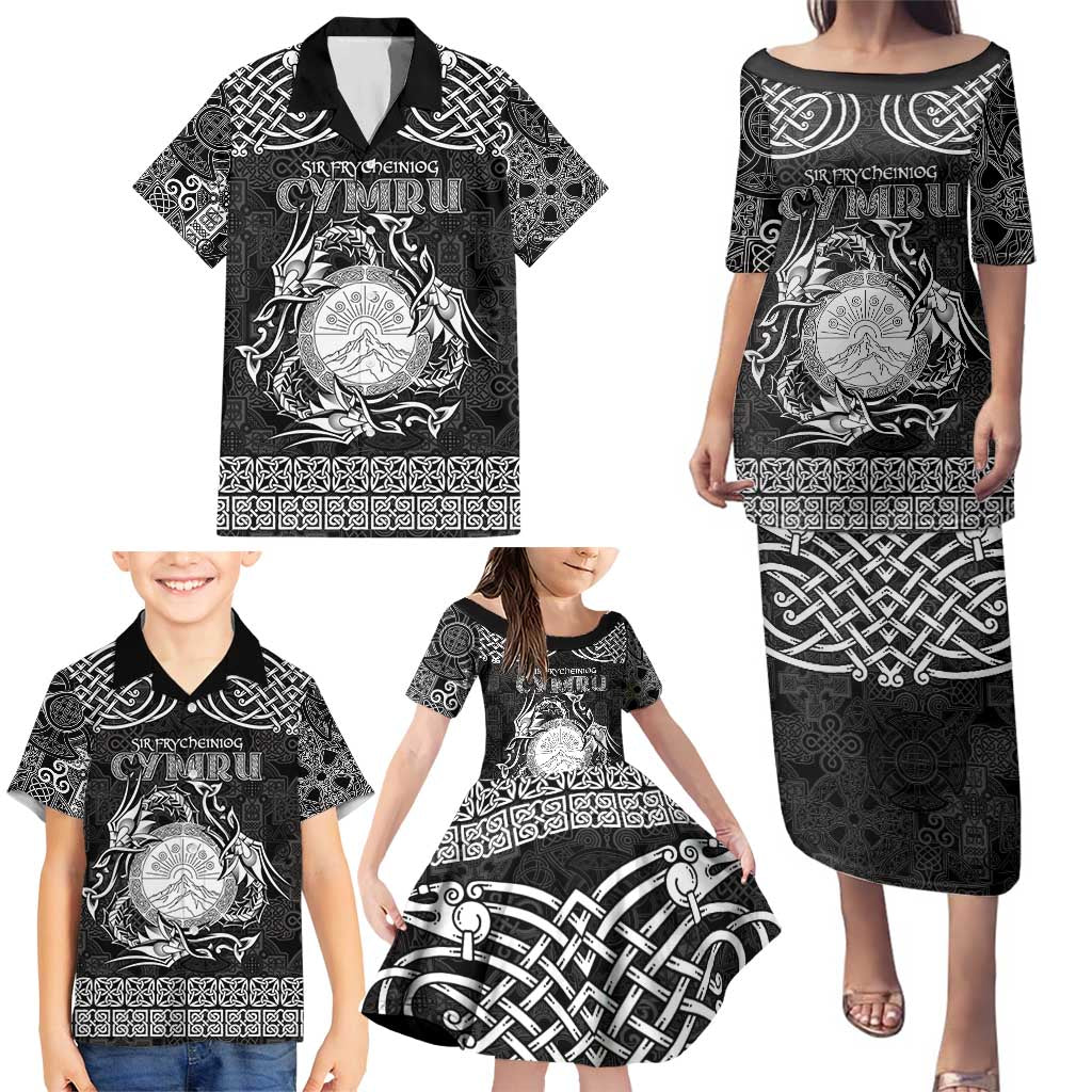 Personalized Brecknockshire Sir Frycheiniog Family Matching Puletasi and Hawaiian Shirt Black Brecon Beacons Mountain Celtic-inspired - Wonder Print Shop