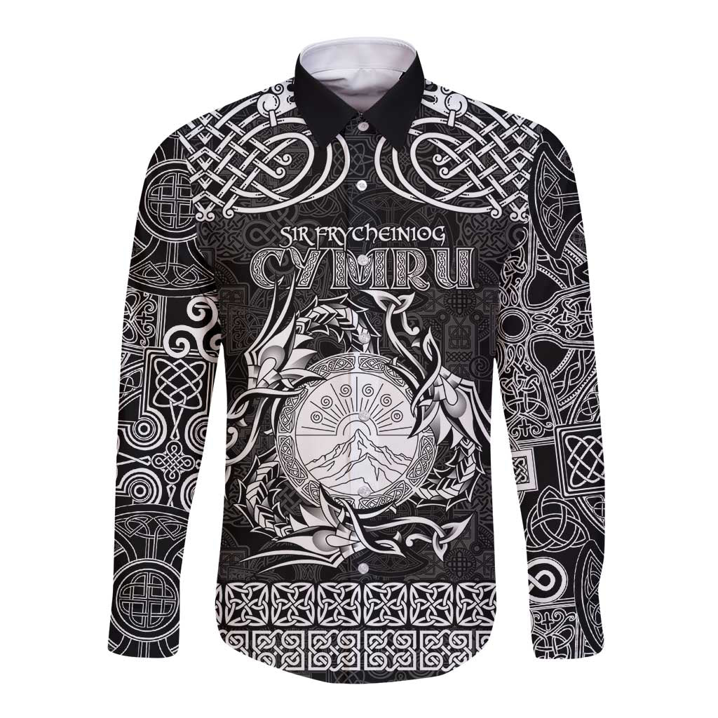 Personalized Brecknockshire Sir Frycheiniog Long Sleeve Button Shirt Black Brecon Beacons Mountain Celtic-inspired - Wonder Print Shop