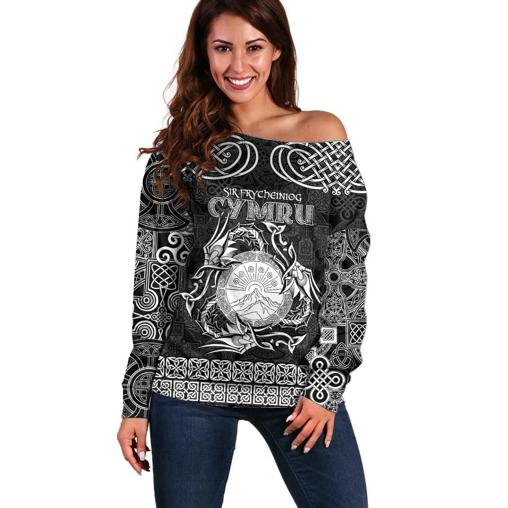 Personalized Brecknockshire Sir Frycheiniog Off Shoulder Sweater Black Brecon Beacons Mountain Celtic-inspired - Wonder Print Shop