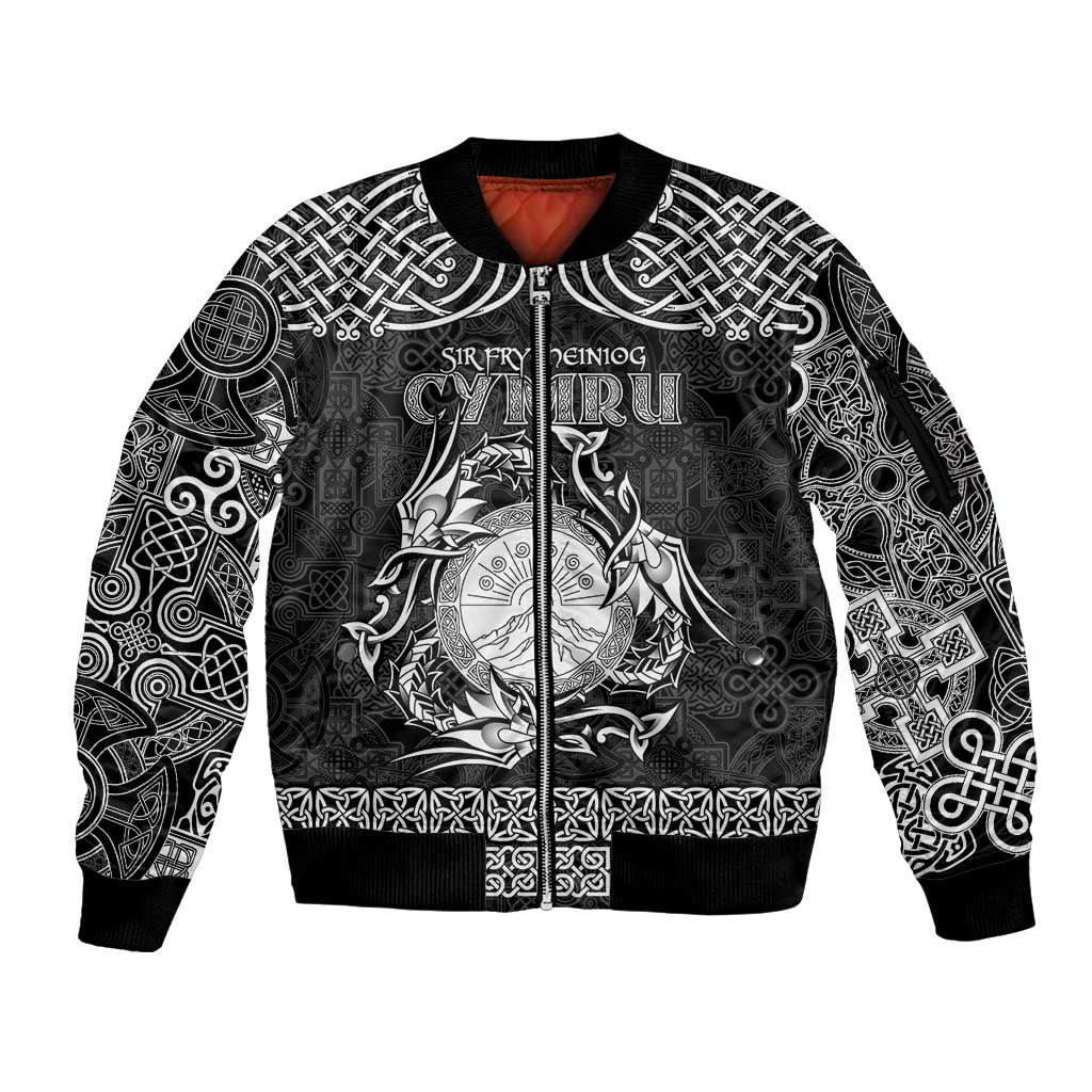 Personalized Brecknockshire Sir Frycheiniog Sleeve Zip Bomber Jacket Black Brecon Beacons Mountain Celtic-inspired - Wonder Print Shop