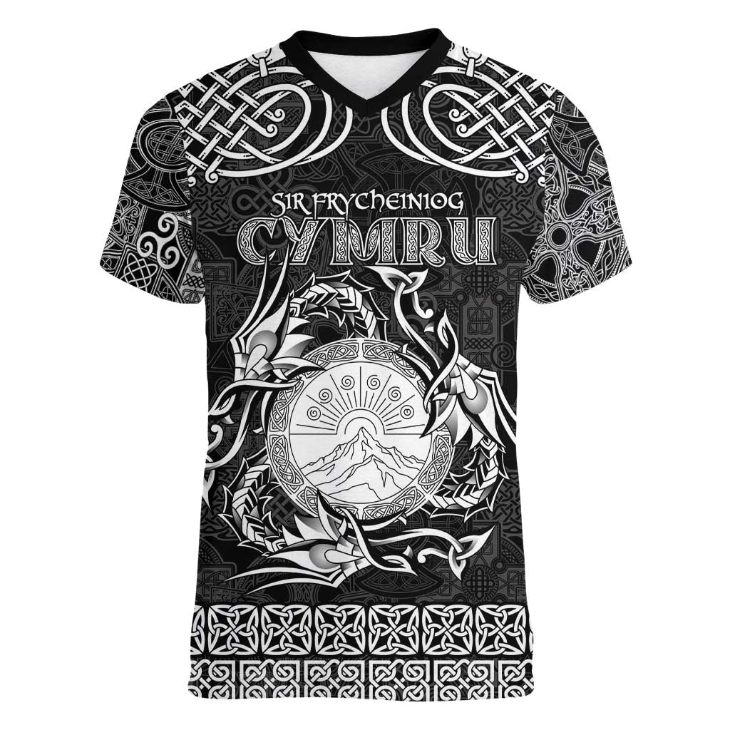 Personalized Brecknockshire Sir Frycheiniog Women V-Neck T-Shirt Black Brecon Beacons Mountain Celtic-inspired - Wonder Print Shop