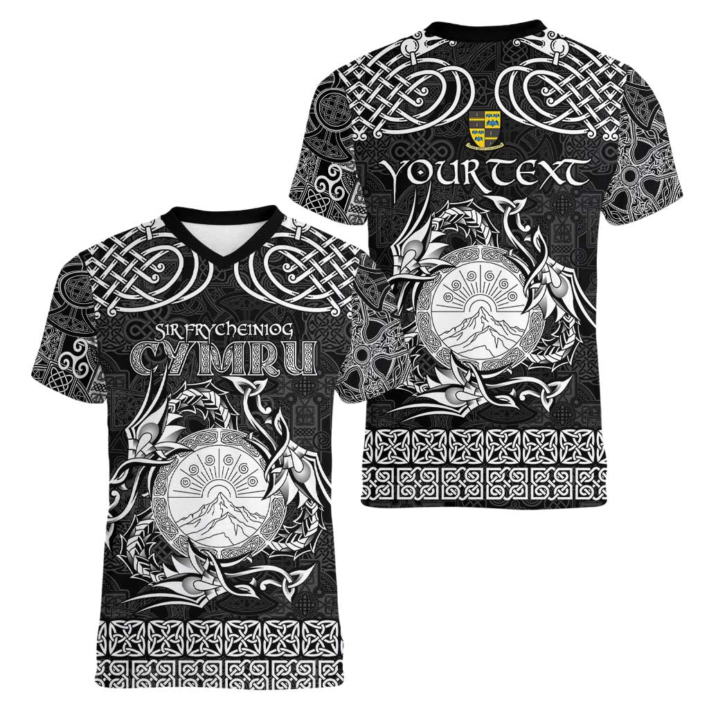 Personalized Brecknockshire Sir Frycheiniog Women V-Neck T-Shirt Black Brecon Beacons Mountain Celtic-inspired - Wonder Print Shop