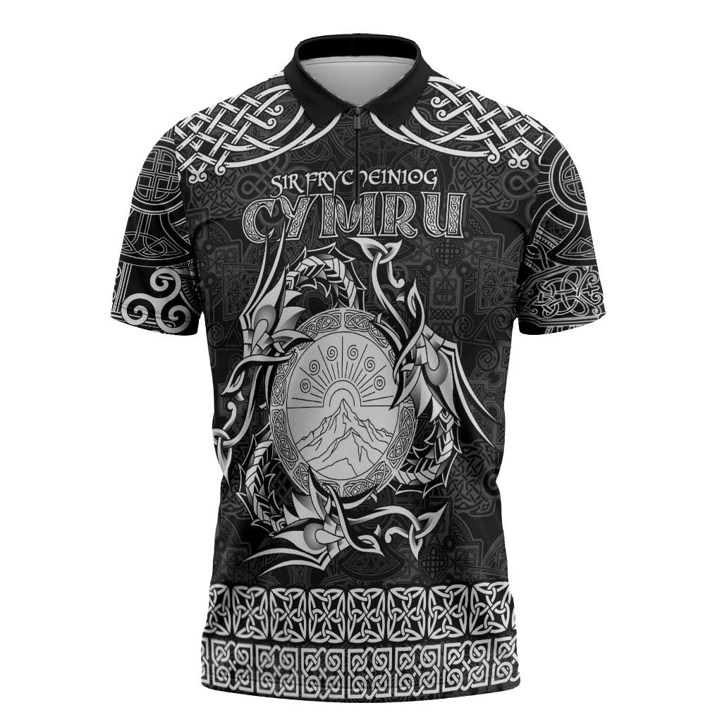 Personalized Brecknockshire Sir Frycheiniog Zipper Polo Shirt Black Brecon Beacons Mountain Celtic-inspired - Wonder Print Shop