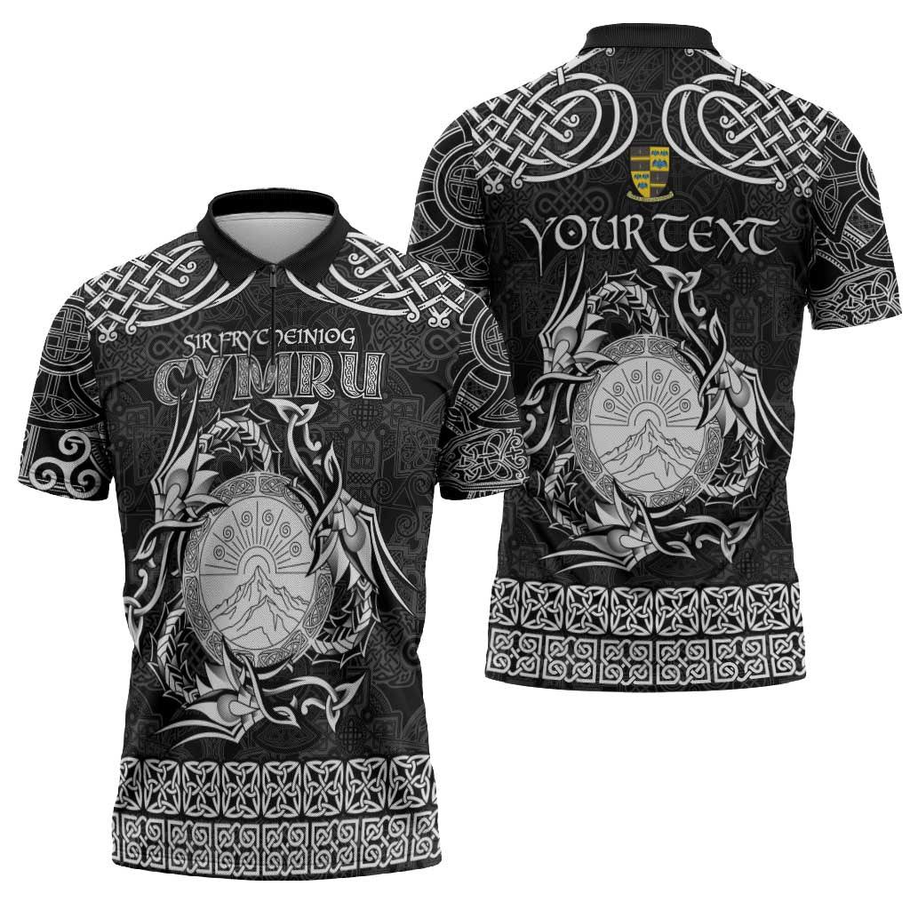 Personalized Brecknockshire Sir Frycheiniog Zipper Polo Shirt Black Brecon Beacons Mountain Celtic-inspired - Wonder Print Shop