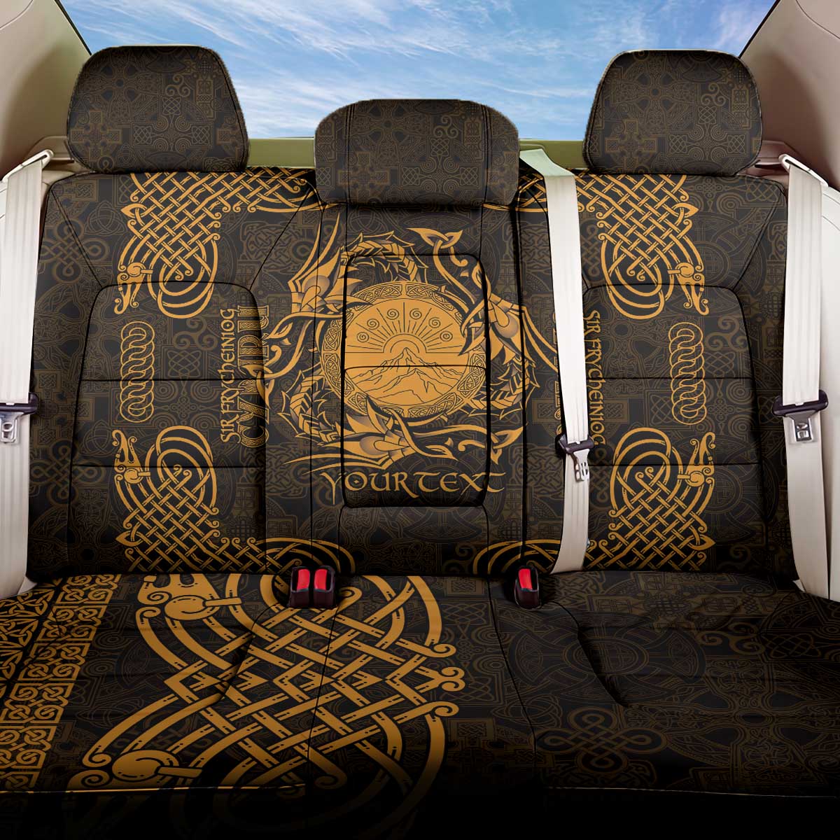 Personalized Brecknockshire Sir Frycheiniog Back Car Seat Cover Gold Brecon Beacons Mountain Celtic-inspired - Wonder Print Shop