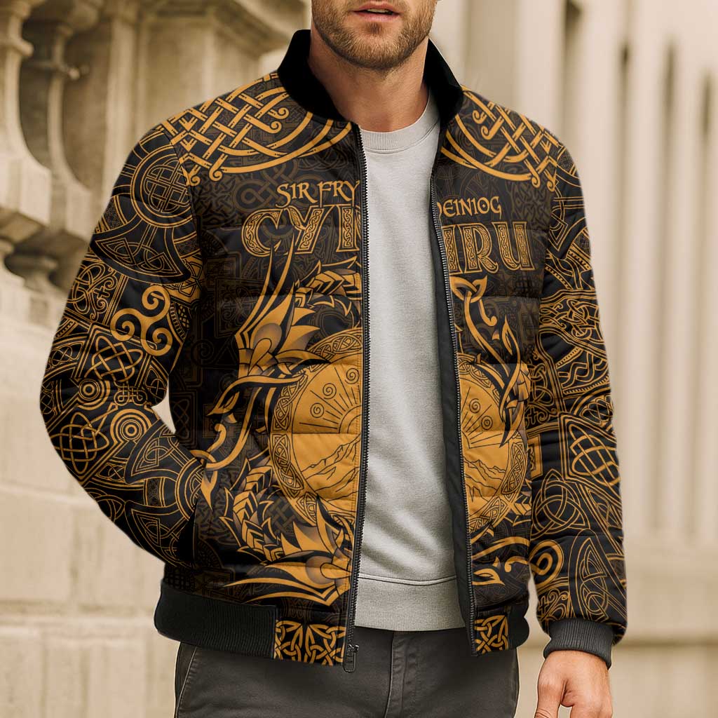 Personalized Brecknockshire Sir Frycheiniog Bomber Puffer Jacket Gold Brecon Beacons Mountain Celtic-inspired - Wonder Print Shop