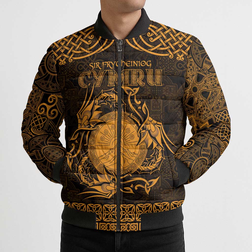 Personalized Brecknockshire Sir Frycheiniog Bomber Puffer Jacket Gold Brecon Beacons Mountain Celtic-inspired - Wonder Print Shop