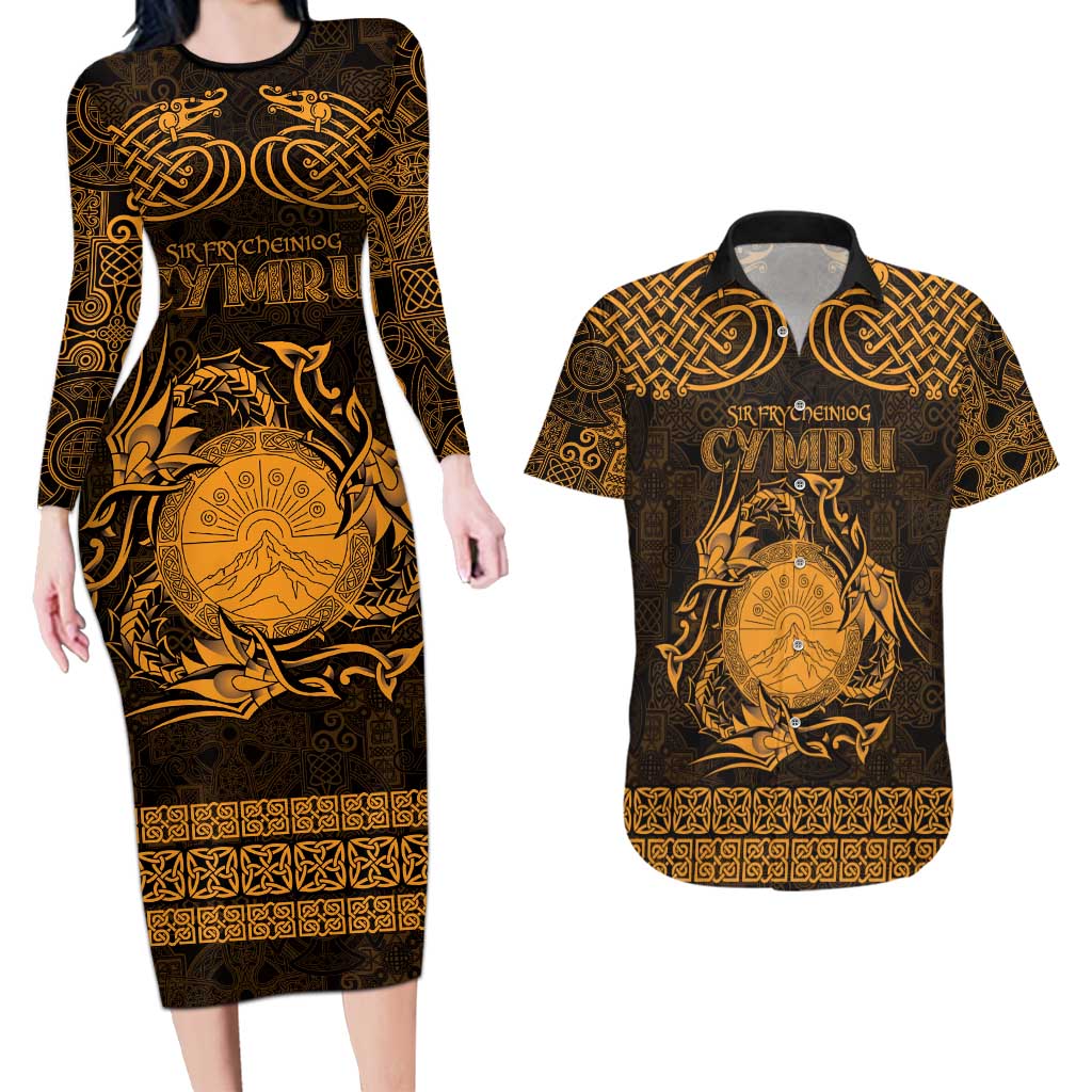 Personalized Brecknockshire Sir Frycheiniog Couples Matching Long Sleeve Bodycon Dress and Hawaiian Shirt Gold Brecon Beacons Mountain Celtic-inspired - Wonder Print Shop