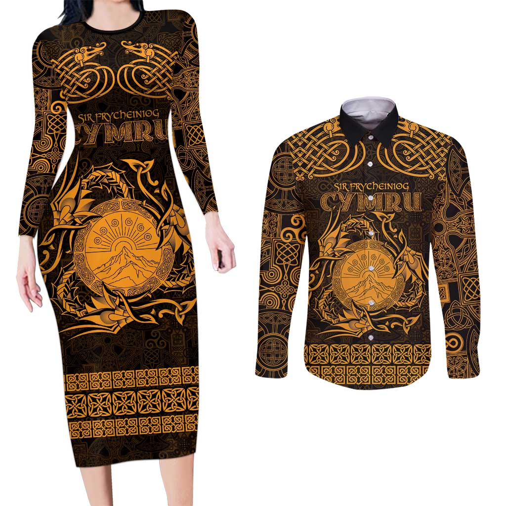 Personalized Brecknockshire Sir Frycheiniog Couples Matching Long Sleeve Bodycon Dress and Long Sleeve Button Shirt Gold Brecon Beacons Mountain Celtic-inspired - Wonder Print Shop