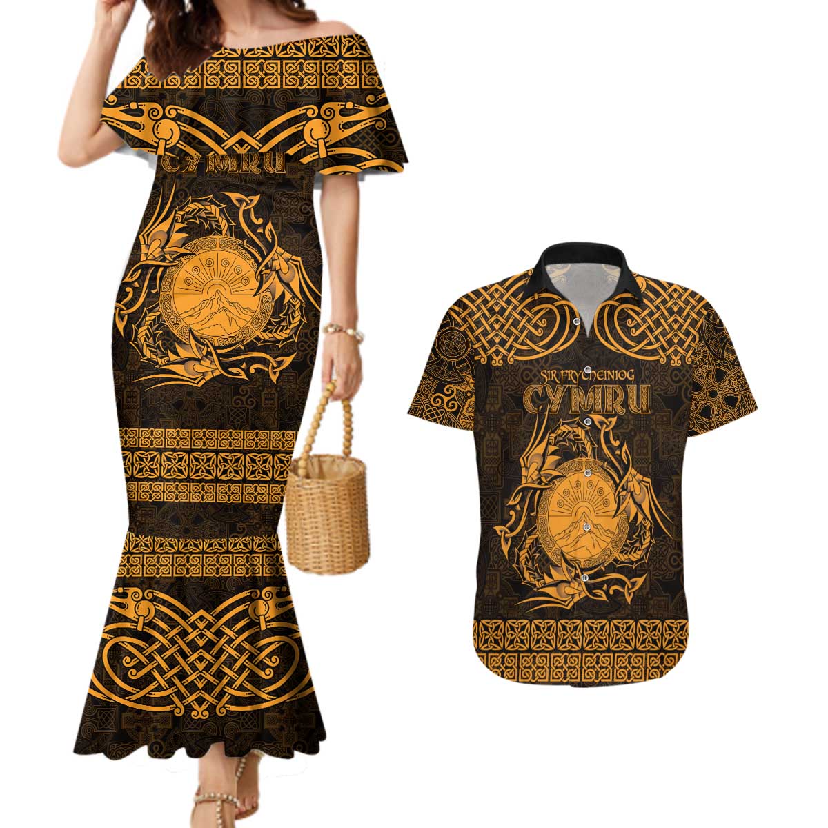 Personalized Brecknockshire Sir Frycheiniog Couples Matching Mermaid Dress and Hawaiian Shirt Gold Brecon Beacons Mountain Celtic-inspired - Wonder Print Shop