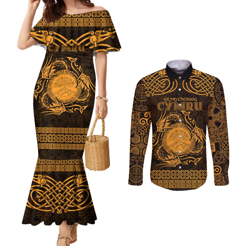 Personalized Brecknockshire Sir Frycheiniog Couples Matching Mermaid Dress and Long Sleeve Button Shirt Gold Brecon Beacons Mountain Celtic-inspired - Wonder Print Shop
