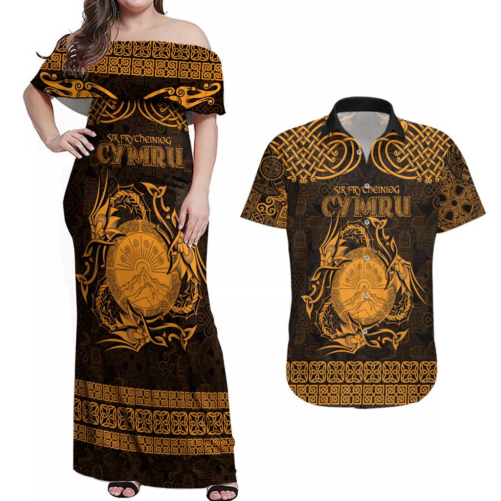 Personalized Brecknockshire Sir Frycheiniog Couples Matching Off Shoulder Maxi Dress and Hawaiian Shirt Gold Brecon Beacons Mountain Celtic-inspired - Wonder Print Shop