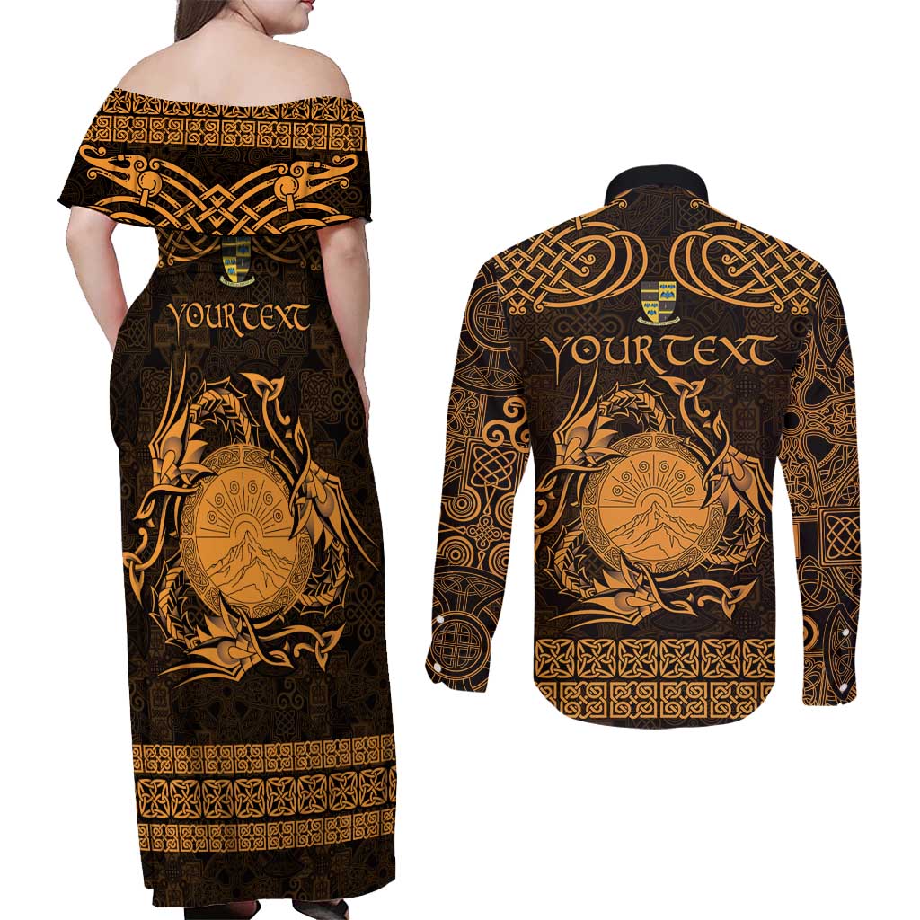 Personalized Brecknockshire Sir Frycheiniog Couples Matching Off Shoulder Maxi Dress and Long Sleeve Button Shirt Gold Brecon Beacons Mountain Celtic-inspired - Wonder Print Shop