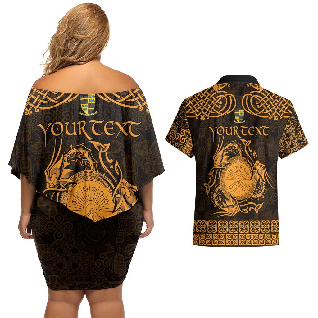 Personalized Brecknockshire Sir Frycheiniog Couples Matching Off Shoulder Short Dress and Hawaiian Shirt Gold Brecon Beacons Mountain Celtic-inspired - Wonder Print Shop