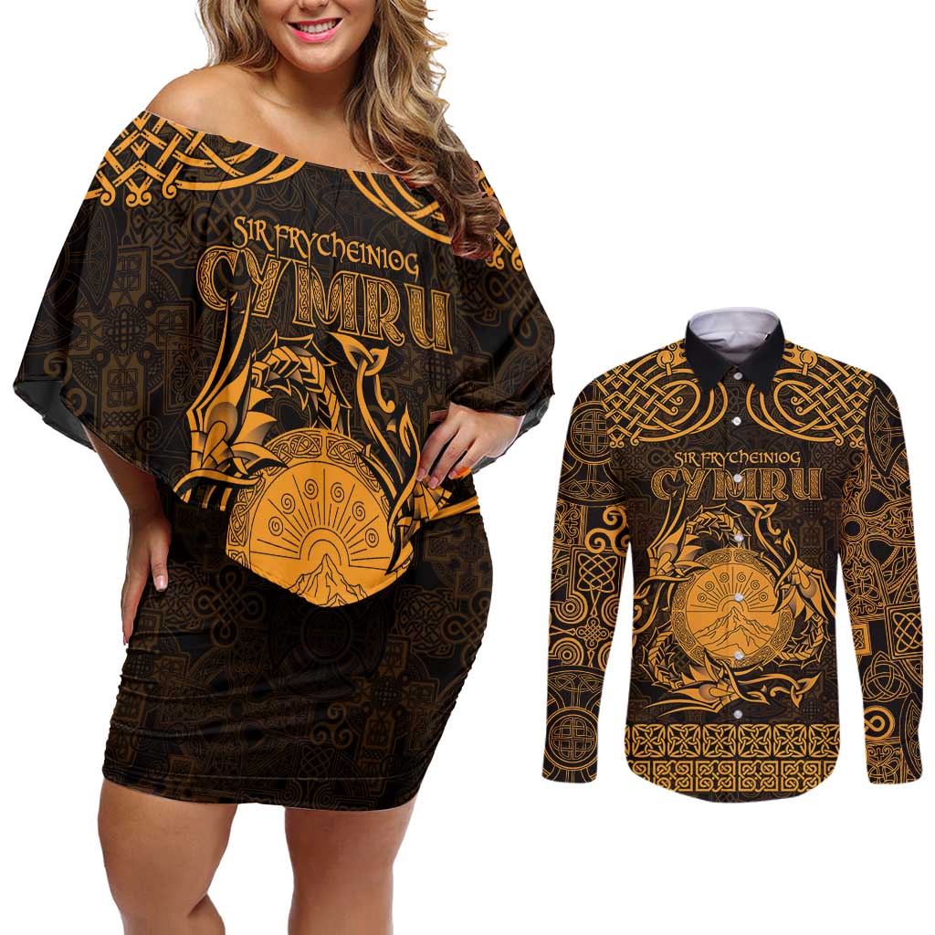 Personalized Brecknockshire Sir Frycheiniog Couples Matching Off Shoulder Short Dress and Long Sleeve Button Shirt Gold Brecon Beacons Mountain Celtic-inspired - Wonder Print Shop