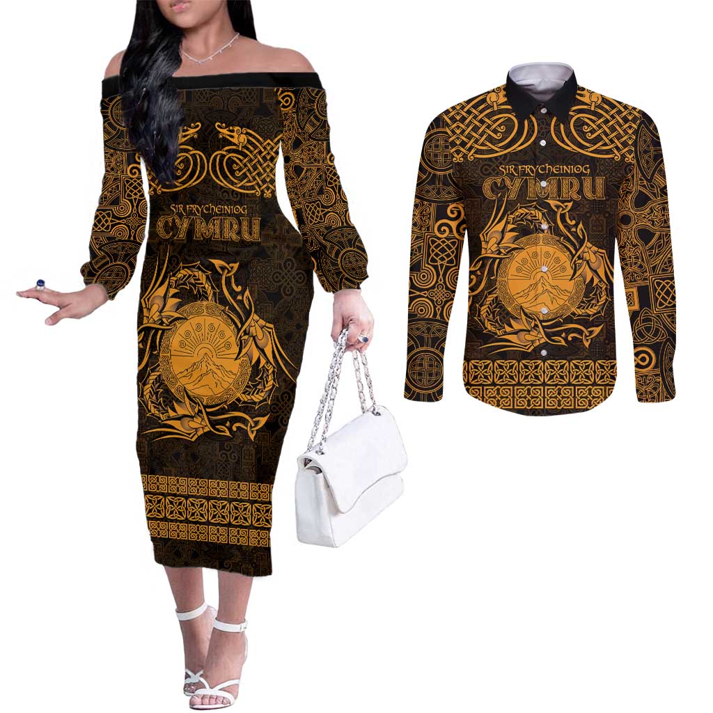Personalized Brecknockshire Sir Frycheiniog Couples Matching Off The Shoulder Long Sleeve Dress and Long Sleeve Button Shirt Gold Brecon Beacons Mountain Celtic-inspired - Wonder Print Shop