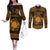 Personalized Brecknockshire Sir Frycheiniog Couples Matching Off The Shoulder Long Sleeve Dress and Long Sleeve Button Shirt Gold Brecon Beacons Mountain Celtic-inspired - Wonder Print Shop