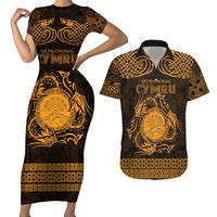 Personalized Brecknockshire Sir Frycheiniog Couples Matching Short Sleeve Bodycon Dress and Hawaiian Shirt Gold Brecon Beacons Mountain Celtic-inspired - Wonder Print Shop