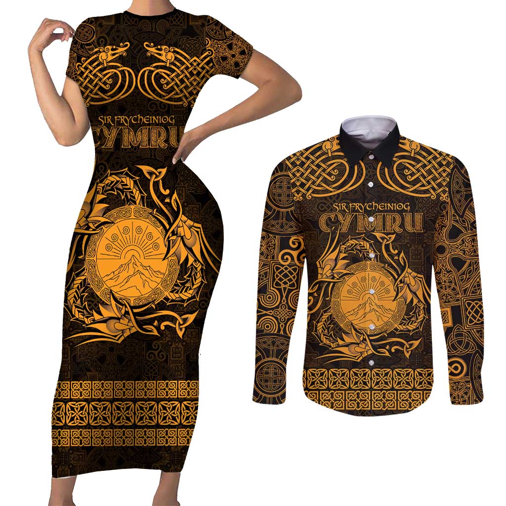 Personalized Brecknockshire Sir Frycheiniog Couples Matching Short Sleeve Bodycon Dress and Long Sleeve Button Shirt Gold Brecon Beacons Mountain Celtic-inspired - Wonder Print Shop