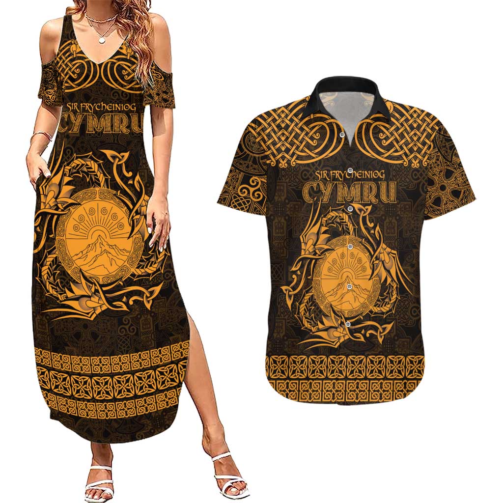 Personalized Brecknockshire Sir Frycheiniog Couples Matching Summer Maxi Dress and Hawaiian Shirt Gold Brecon Beacons Mountain Celtic-inspired - Wonder Print Shop