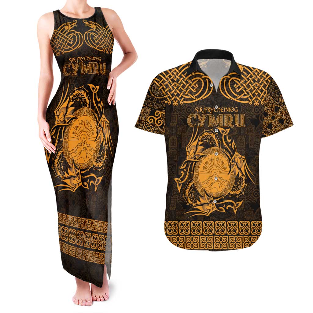 Personalized Brecknockshire Sir Frycheiniog Couples Matching Tank Maxi Dress and Hawaiian Shirt Gold Brecon Beacons Mountain Celtic-inspired - Wonder Print Shop