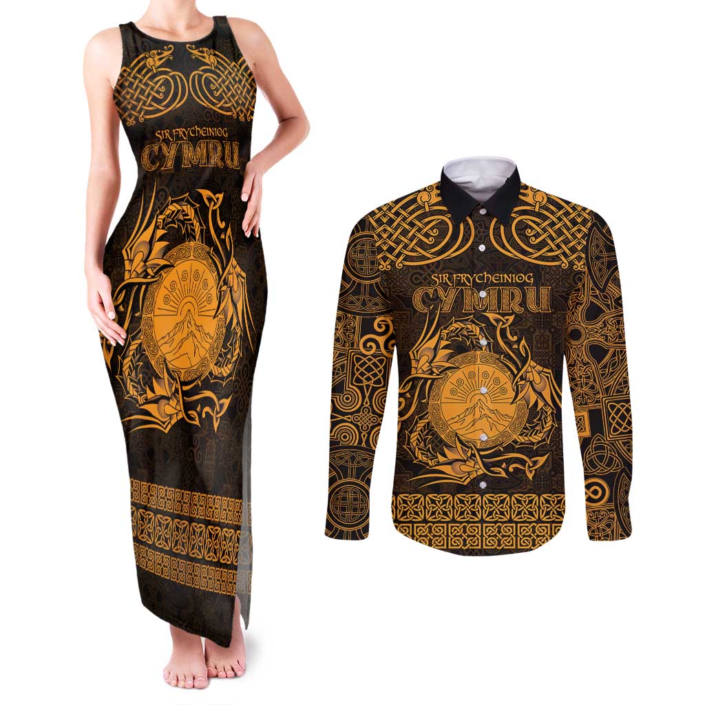 Personalized Brecknockshire Sir Frycheiniog Couples Matching Tank Maxi Dress and Long Sleeve Button Shirt Gold Brecon Beacons Mountain Celtic-inspired - Wonder Print Shop