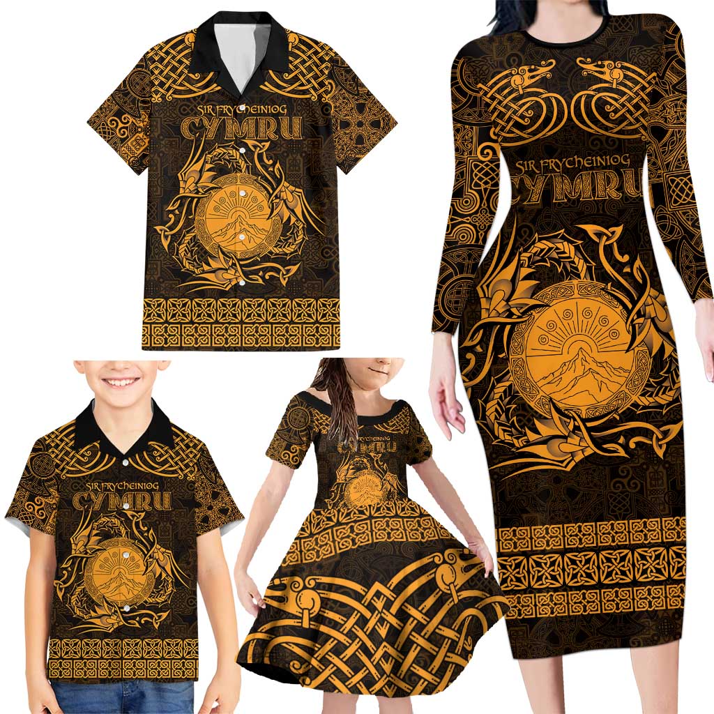 Personalized Brecknockshire Sir Frycheiniog Family Matching Long Sleeve Bodycon Dress and Hawaiian Shirt Gold Brecon Beacons Mountain Celtic-inspired - Wonder Print Shop