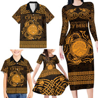 Personalized Brecknockshire Sir Frycheiniog Family Matching Long Sleeve Bodycon Dress and Hawaiian Shirt Gold Brecon Beacons Mountain Celtic-inspired - Wonder Print Shop