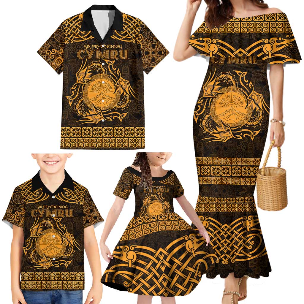 Personalized Brecknockshire Sir Frycheiniog Family Matching Mermaid Dress and Hawaiian Shirt Gold Brecon Beacons Mountain Celtic-inspired - Wonder Print Shop