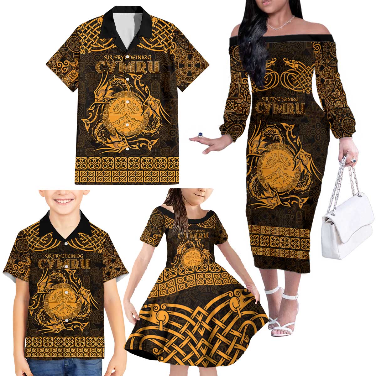 Personalized Brecknockshire Sir Frycheiniog Family Matching Off The Shoulder Long Sleeve Dress and Hawaiian Shirt Gold Brecon Beacons Mountain Celtic-inspired - Wonder Print Shop